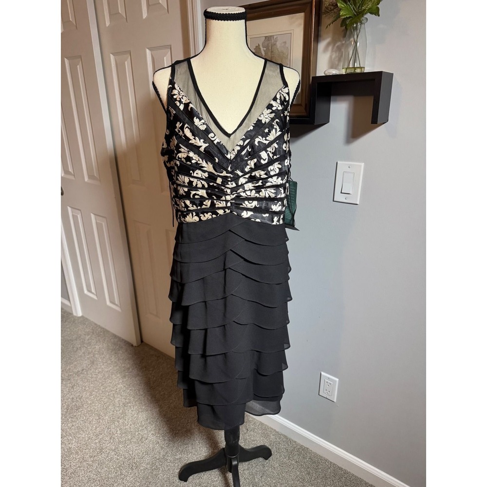 NEW Scarlett Nite Womens Black Gold Damask Tiered Party Cocktail Dress Size 16